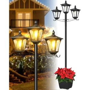 3-Head 77" Solar Metal Outdoor Lamp Post
