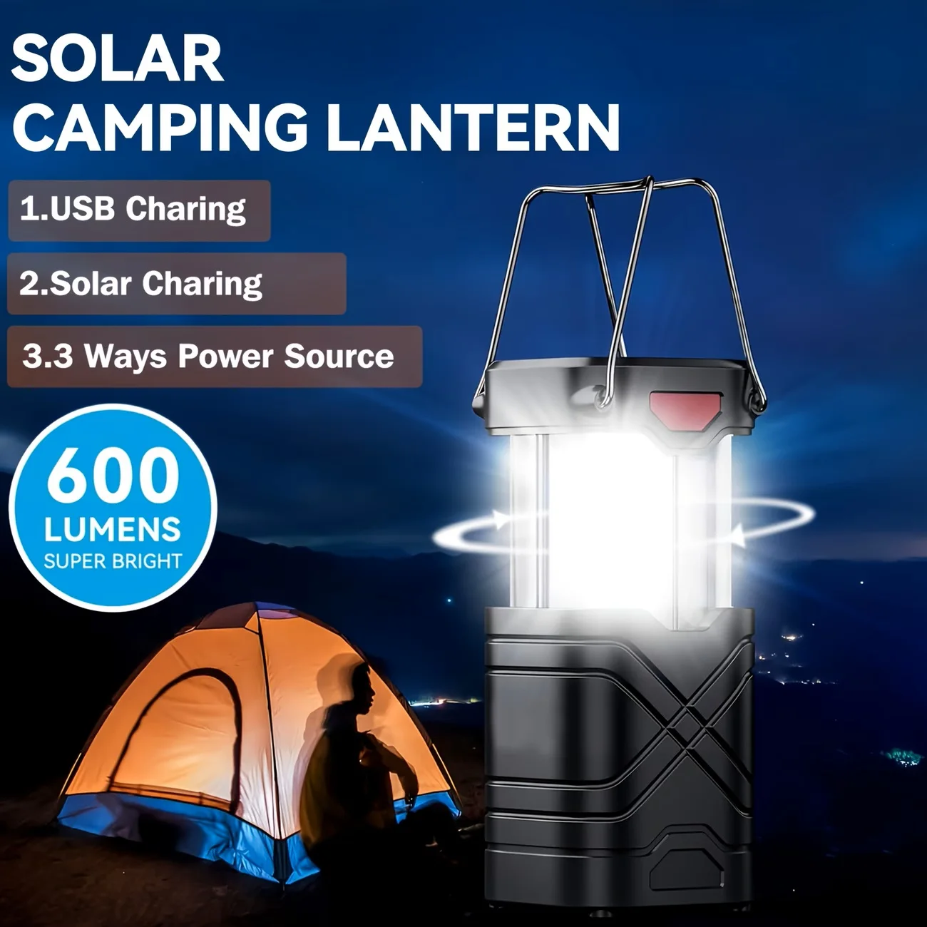 Solar Camping Lantern 2/4-Pack, Rechargeable LED with Flashlight, USB-C & Solar Powered - Image 5