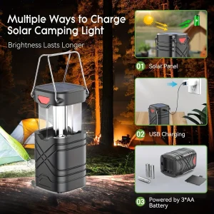 Solar Camping Lantern 2/4-Pack, Rechargeable LED with Flashlight, USB-C & Solar Powered - Thumbnail Image 3
