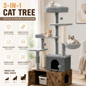 3-in-1 Modern Cat Tree with Hidden Litter Box Enclosure