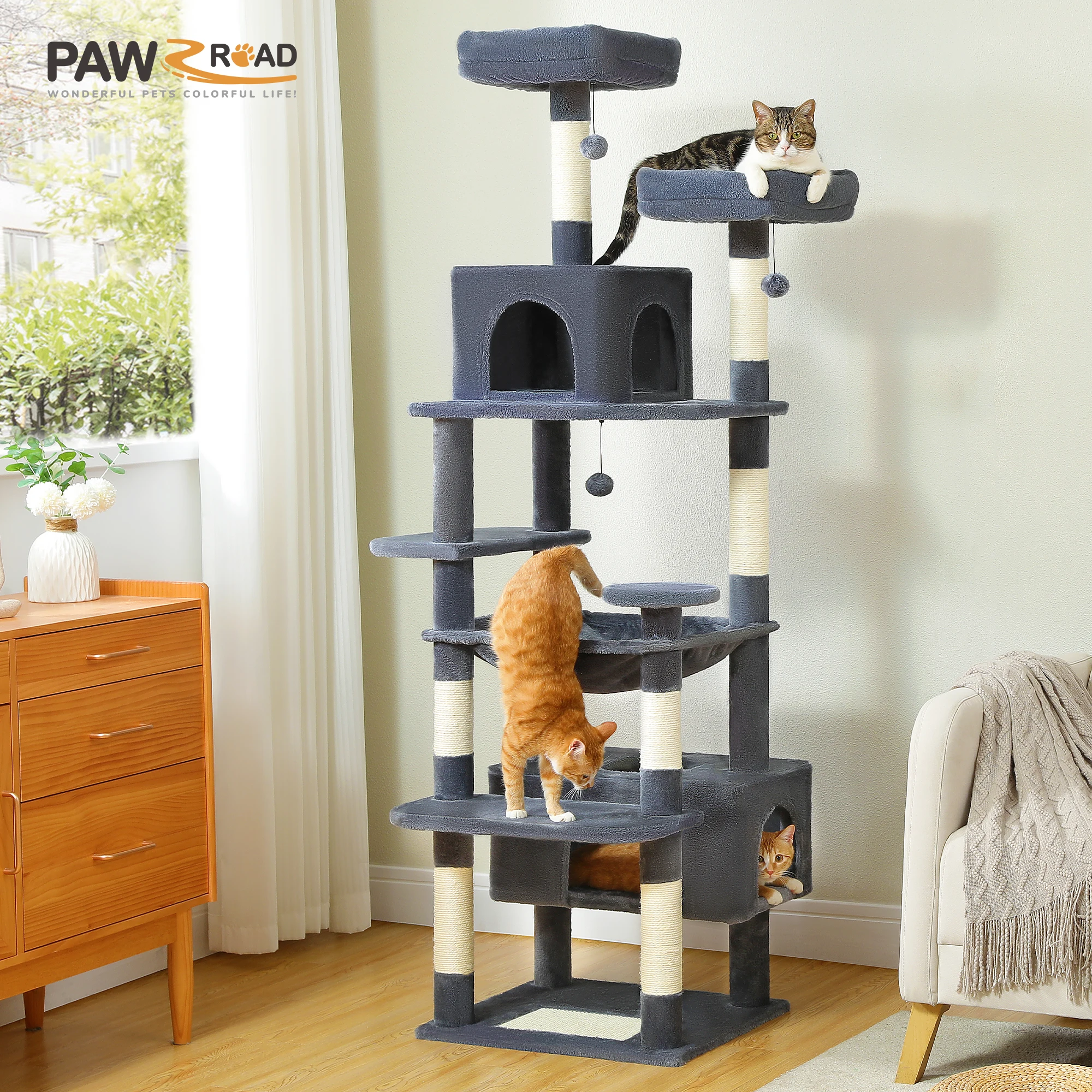 Large Cat Tree and Tower for Indoor Cats With Sisal-Covered Scratching Posts Spacious Hammock Padded Perches and Condos Cat Toys - Image 2