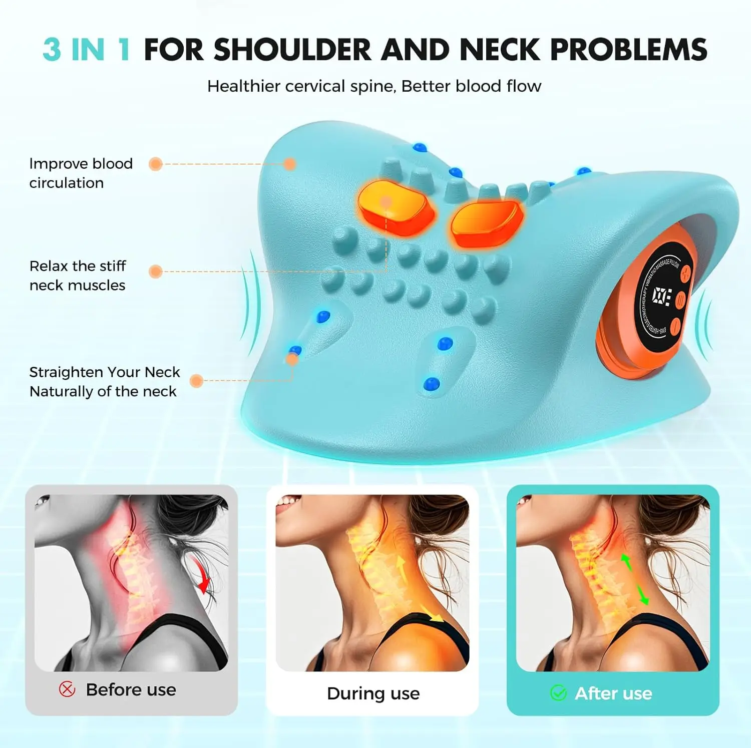 Rechargeable Portable Neck Massager Pillow3-in-1 Shiatsu Neck & Back Massager with Remote Control - Heat/Vibration/Deep Tissue - Image 5