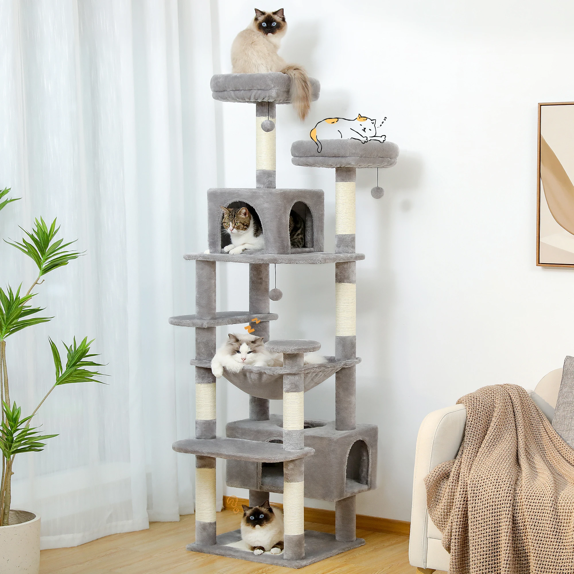 Large Cat Tree and Tower for Indoor Cats With Sisal-Covered Scratching Posts Spacious Hammock Padded Perches and Condos Cat Toys - Image 1