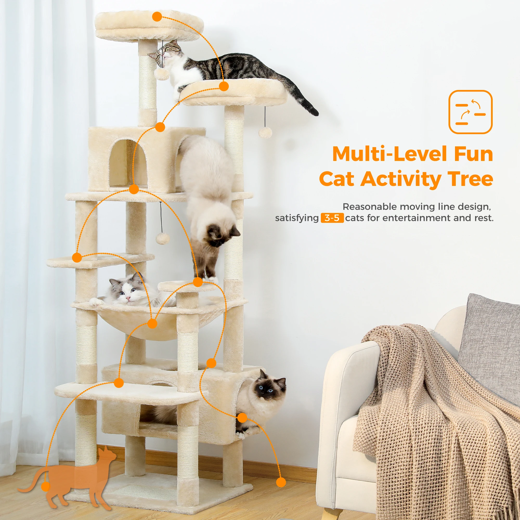 Large Cat Tree and Tower for Indoor Cats With Sisal-Covered Scratching Posts Spacious Hammock Padded Perches and Condos Cat Toys - Image 3