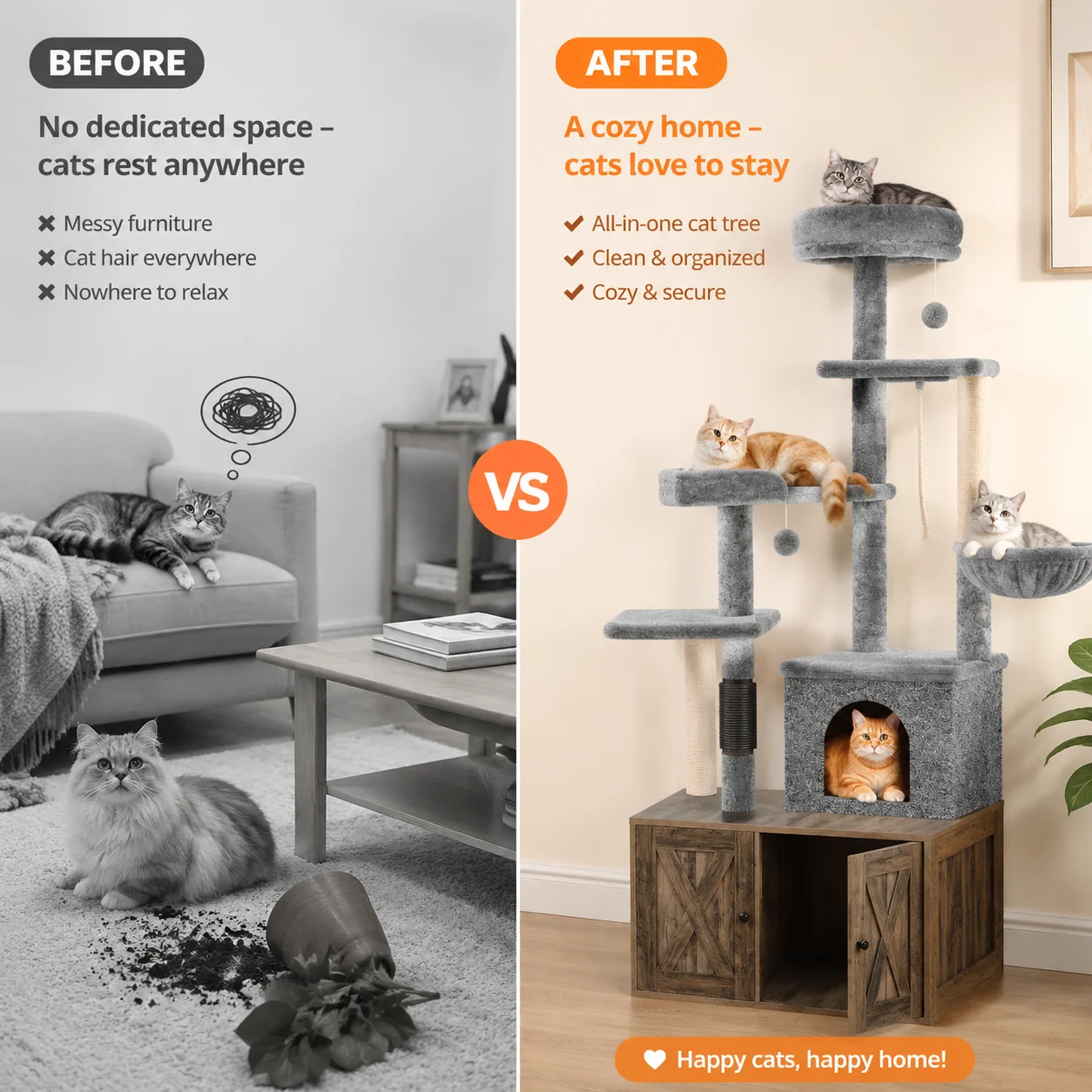 3-in-1 Modern Cat Tree with Hidden Litter Box Enclosure - Image 2