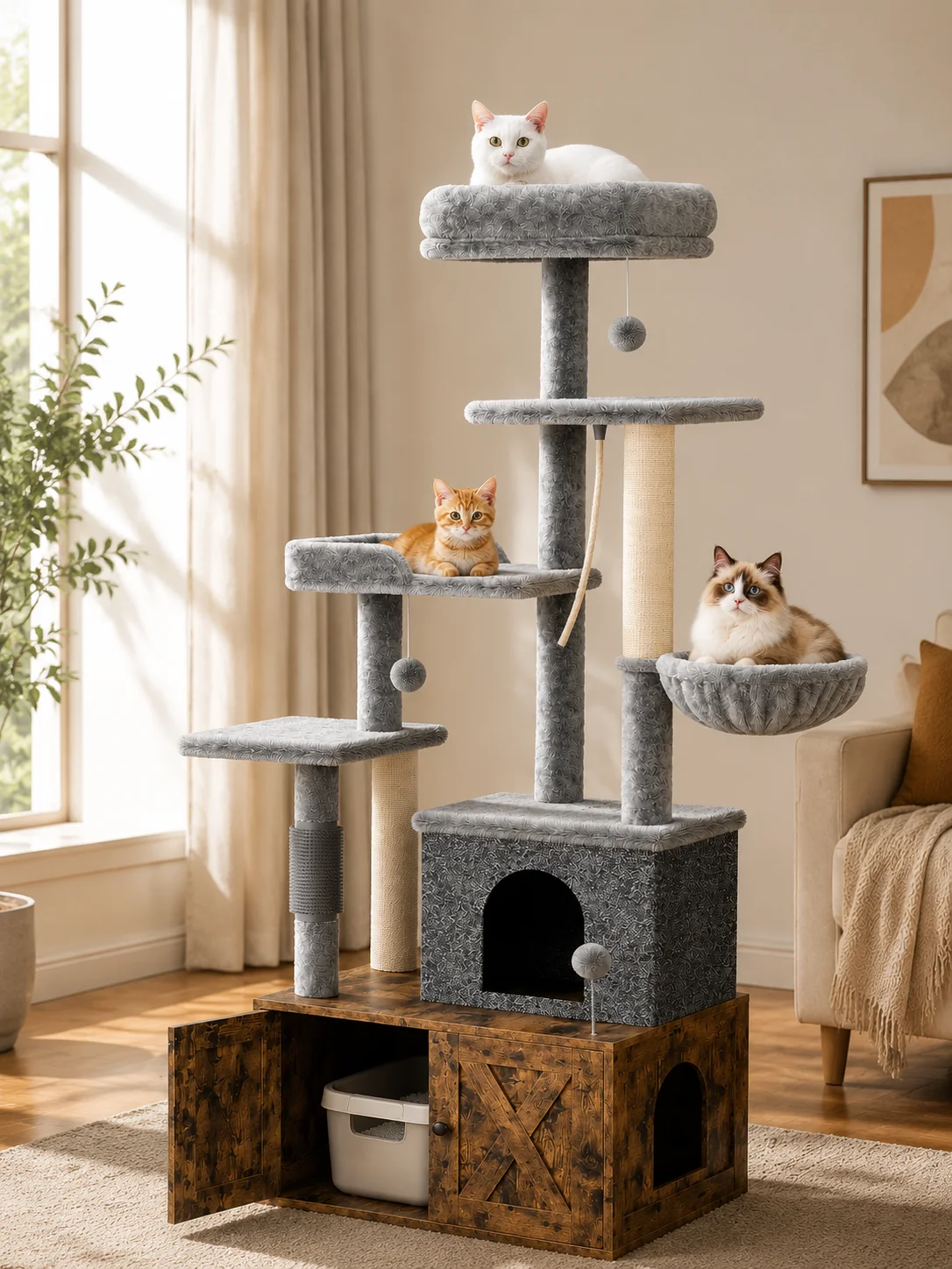 3-in-1 Modern Cat Tree with Hidden Litter Box Enclosure - Image 8