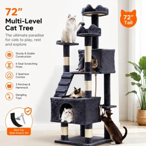72" Cat Tree for Large Cats, Multi-Level Cat Tower